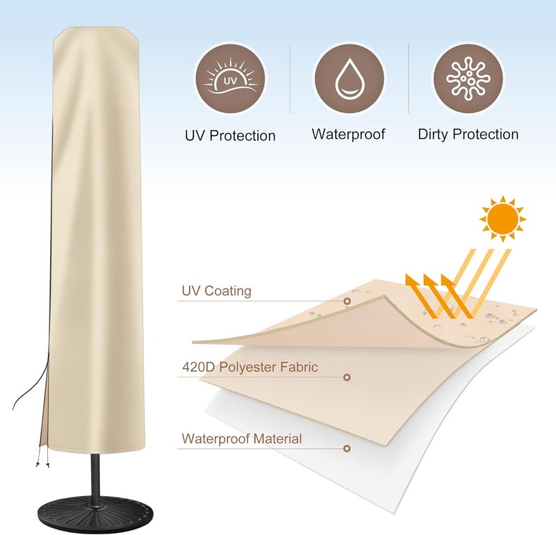 AckMizz Patio Umbrella Cover - Outdoor Umbrella Covers with Folding Rod, Waterproof Oxford, Parasol Cover for 7.5ft 8ft 9ft 10ft 11ft Round Table Umbrella (Beige) - Image 3